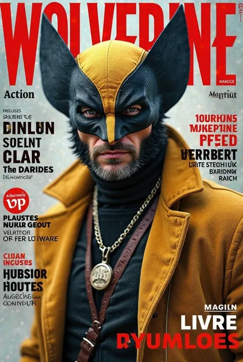 Create the cover of a fashion magazine with real Wolverine, hyperrealistic Hyperrealism as the protagonist of the cover and with background texts as if it were a real magazine..  outfit.  hyperrealism. live action magazine. Magazine cover. Fashion magazine