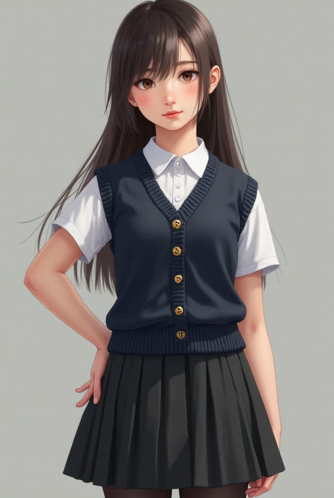 A student in uniform 
Short lead shirt
Navy black sweater with buttons
Black skirt 
Black tights 