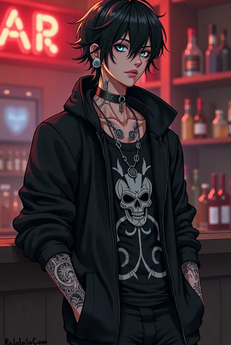 Anime Goth boy that has black hair, silver eyes, he wears a black goth zip up that he leaves open, underneath his black zip up he has on a black shirt that has a gothic design on it, his muscles are toned and fit, he has an athletic body shape, he has some...