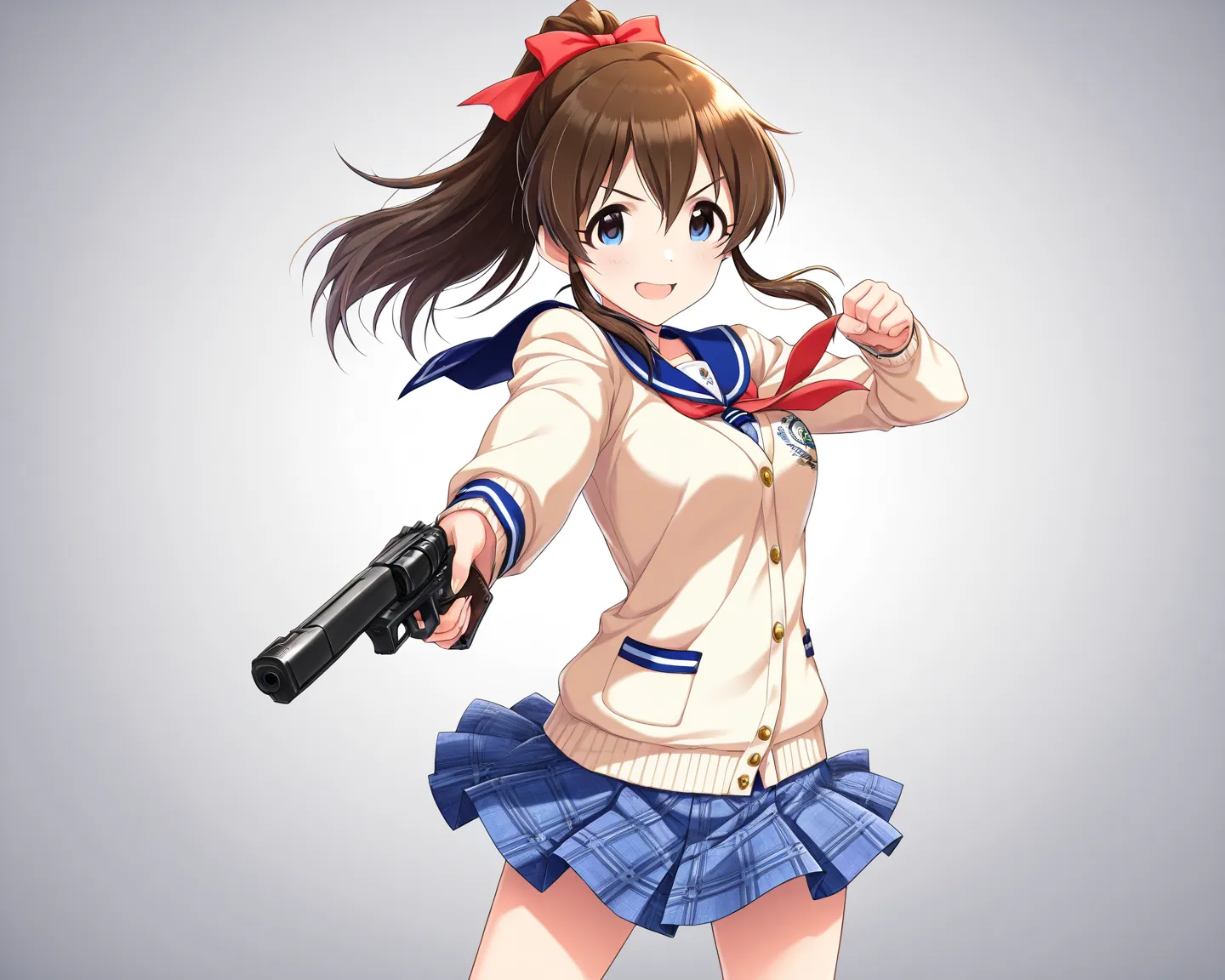 1girl, solo, 
minako satake (idolmaster), minako satake (millionlive),
satake minako,
(((schooluniform:1.2, handgun))), 
(masterpiece, Highest quality, Very detailed)), One girl, fighting pose,
cute, kawaii, high resolution, masterpiece,