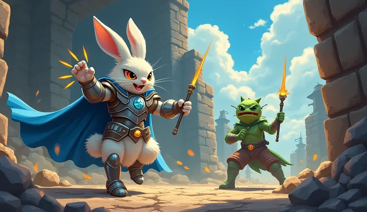 "A wild battle in a shadowy lair of gray and brown stone walls, matching the earthy tones of the town under Hiệp Sĩ Caltonat’s sky. The heroic rabbit, Hiệp Sĩ Caltonat, in silver-white armor with a blue cape, stomps his foot, unleashing silver Canxi Sinh H...