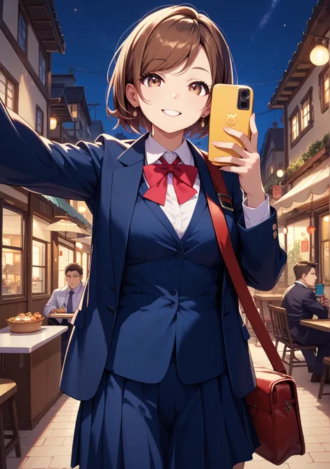 Selfie,one girl, suit, skirt,night,Town,short hair,brown hair, brown eyes, swept bangs,bag, Selfies,In front of the restaurant,fat uncle