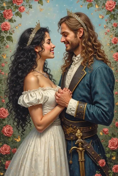 Oil painting of a very sweet woman, headbands with long hair, black and curly and a long white dress full of shiny headbands and a crown. And her beloved a handsome man in formal attire with long hair, a sword with very beautiful blue eyes, pale and sweet ...