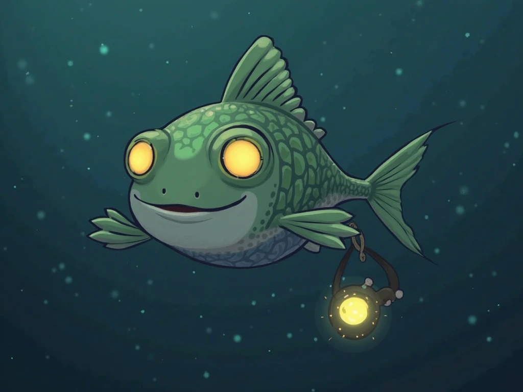 Name: Luna
Age: Slightly older than Jelly
Gender: Female
Hairstyle: None (small fin on head, smooth body)
Face: Round with kind, glowing yellow eyes and a friendly smile
Description: A tiny lanternfish with a glowing lure that casts warm light
Outfit: None...