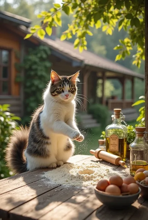 A fluffy white and black tabby cat, about the size of a medium dog, stands upright at a rustic wooden table in an outdoor kitchen, surrounded by lush green gardens and wooden cottages. The cat is not wearing a chef’s hat as it uses both paws to mix flour, ...