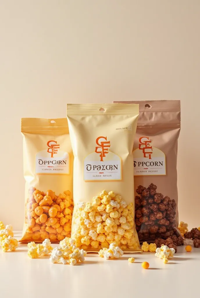 Imagine a popcorn package for flavored popcorn Carmel cheese and chocolate each flavour  should be in its own package the company name is GF popcorn 