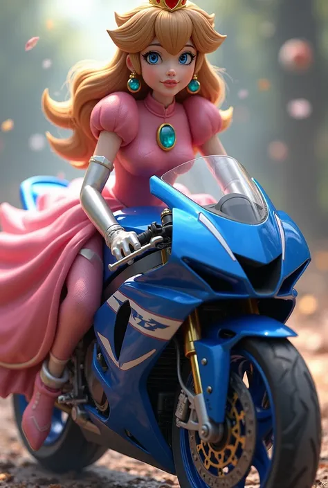 Princess Peach with brown hair on a blue 1999 Yamaha R6 