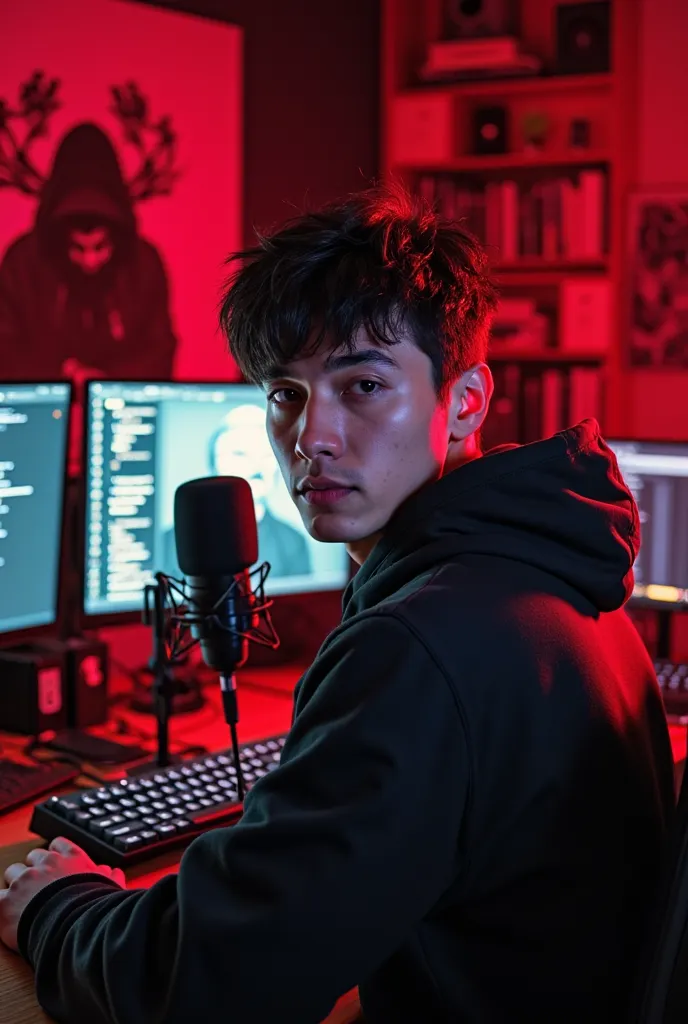 A young man with stylish black hair, wearing a black hoodie, sitting in a professional streaming and coding setup. He is in front of a high-quality microphone, a mechanical keyboard, and a laptop. The background features two large monitors displaying code ...