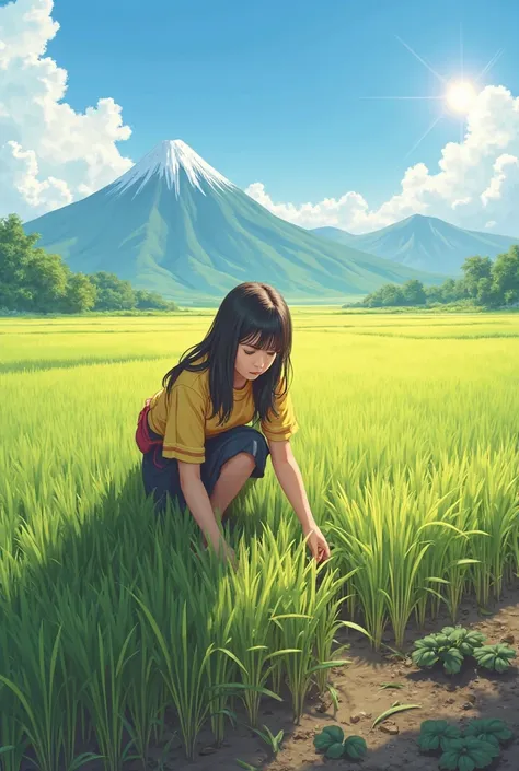 A young woman with long hair and wearing a yellow shirt is planting rice in the rice field. He bends slightly while inserting rice seedlings into the muddy ground. His face looks focused and calm, against the background of vast green rice fields, mountains...