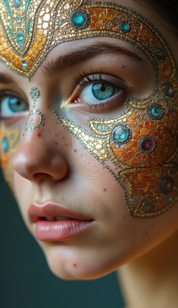 Close-up portrait of a young woman, Caucasian, with intricate tapestry-like patterns applied to her face.  Detailed, stylized mosaic design covers the face, mimicking woven textiles with varying shades of gold, brown, orange, and teal.  The patterns appear...