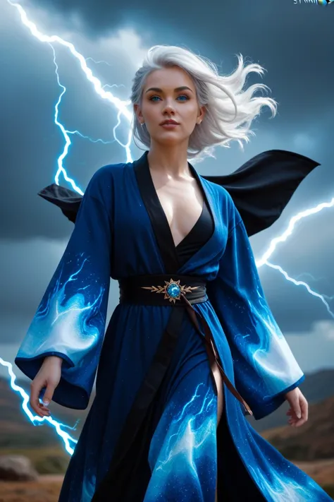 Full body close up of a powerful Stormcaller Mystic in an intense close-up, his face illuminated by a crackling arc of lightning dancing across a fingertip. His glowing, stormy-blue eye radiates raw magical energy, and his expression is fierce and focused....