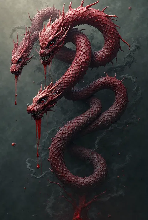 A snake that has three heads and is made of ink and blood 