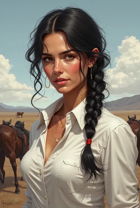 Adult european cowgirl, one braid, black Hair, light eyes, white shirt, light skin, digital art, realism, painting art