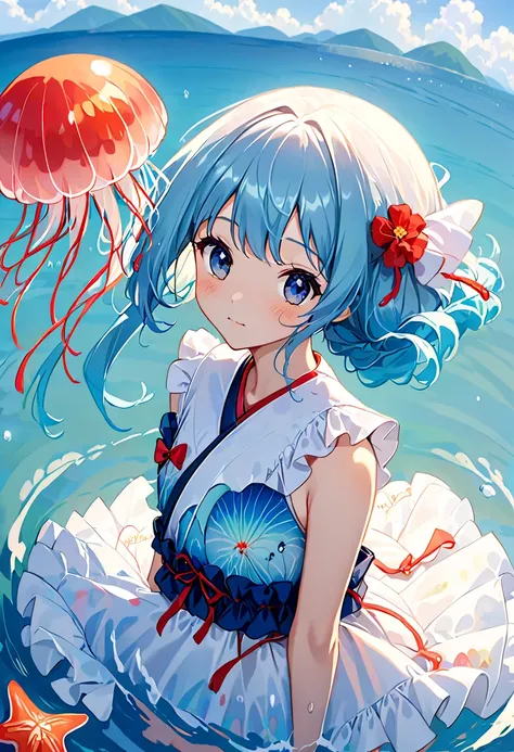 cute girl、Yeah,flat chested, cute,(Jellyfish Girl:1.2), cross your arms on your back,In the water,ruffle dress,