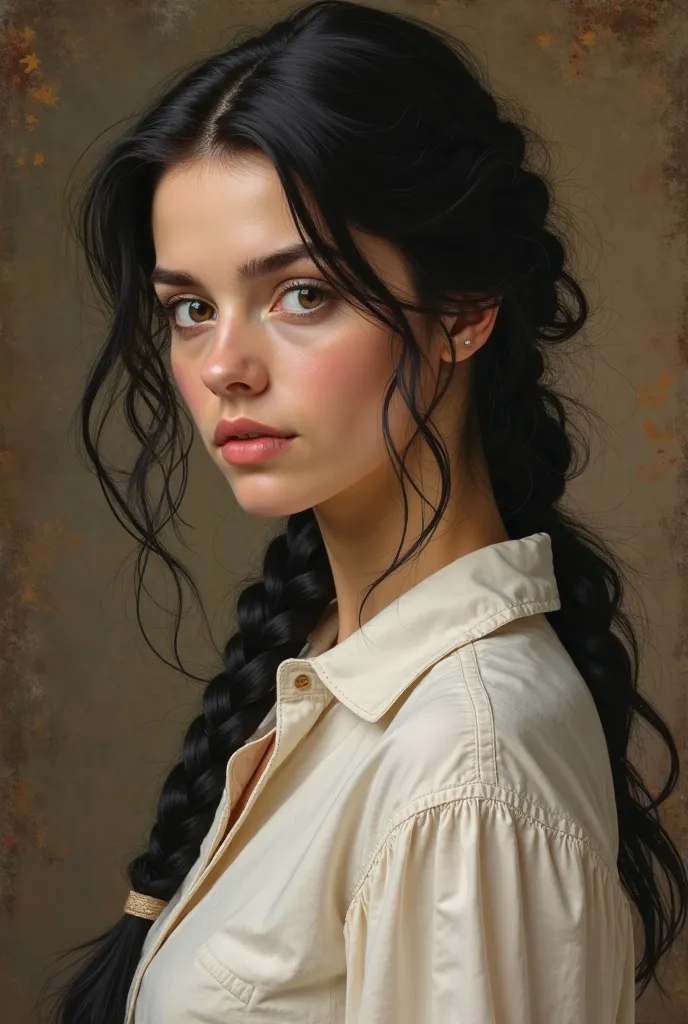 Beauty european cowgirl, one braid, black Hair, light eyes, white shirt, light skin,half body, oil painting art, side portrait, vintage art