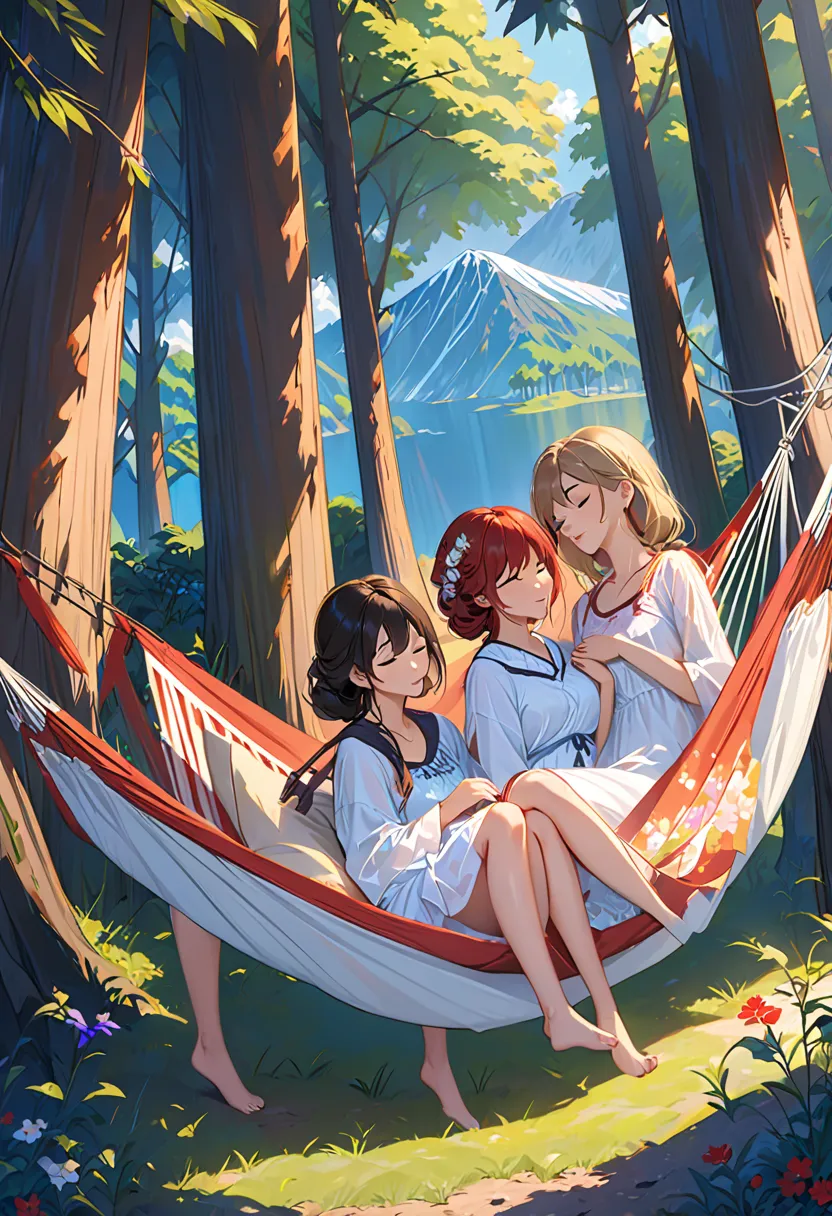  masterpiece,  nothing ,  girls on the left,Sleeping in a hammock,  Nightgown , (Traveling Women), forest, tree々,  Mount, tent,  picnic, adventure  