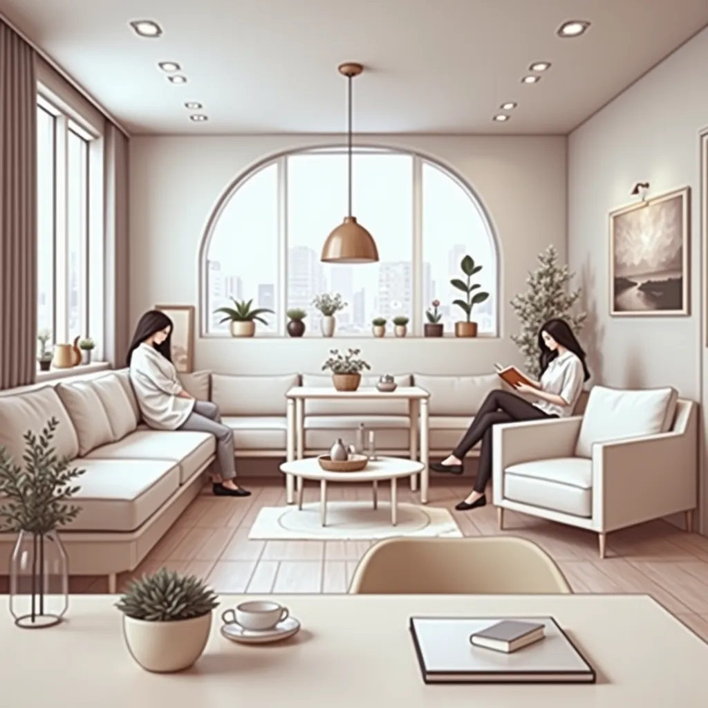  anime style、Sepia、modern style apartment with a、living room and dining room with windows