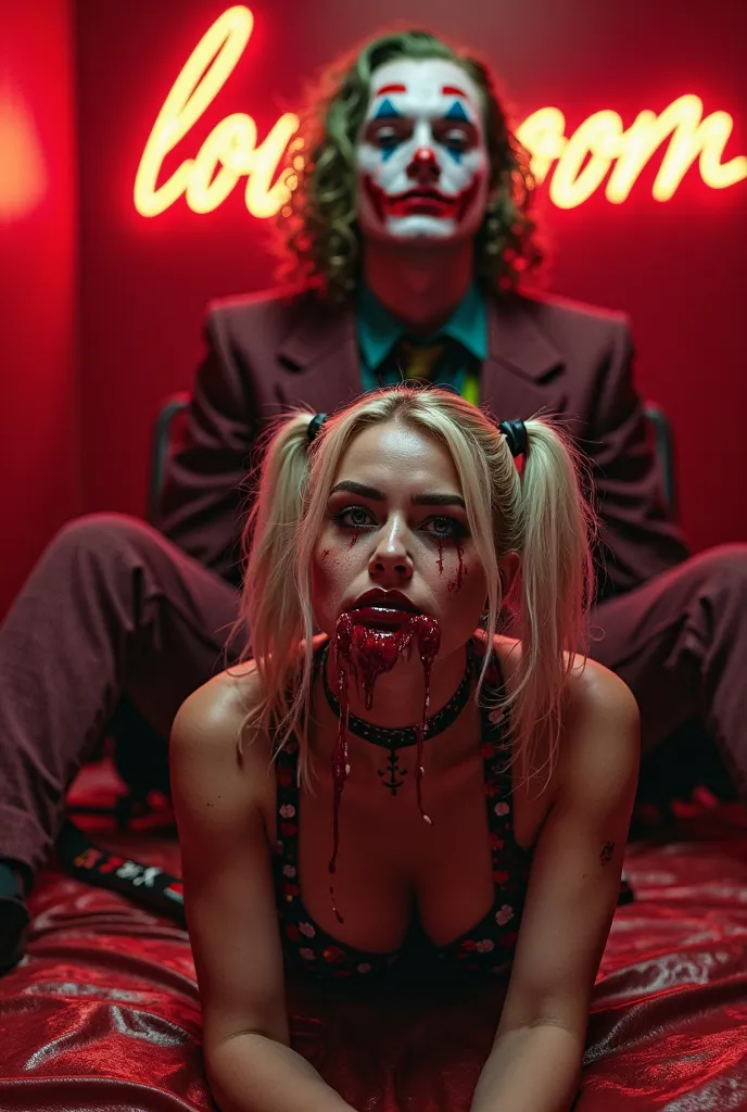 Harley Quinn tenue en laisse autour du cou à quatre pattes avec du  dans la bouche soumise BDSM dans une red room c'est écrit Love Room sur le mur elle à du sperme  sur le visage . Avec maître BDSM joker. On vient d'éjaculer sur son visage et sa bouche 