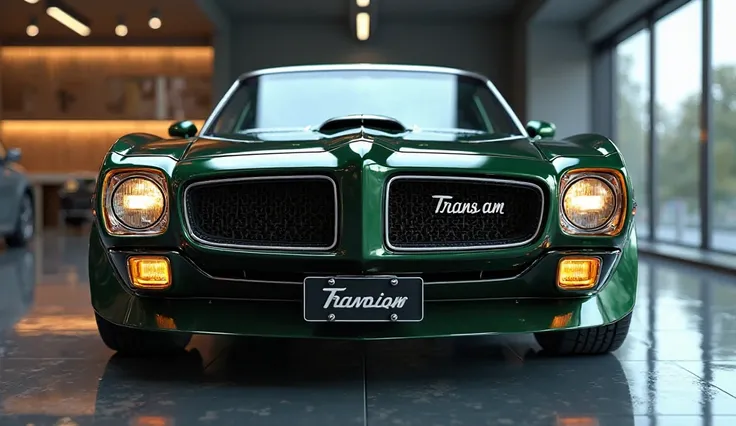 An ultra-realistic image of the front view with  (  Pontiac trans am logo end of a futuristic  1970  (Pontiac trans am ) The car features a large, imposing, and aerodynamic design with shiny  dark green) and shiny exterior. The (front) view end has a wide,...