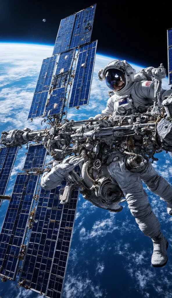 a close up of a space station with a blue planet in the background, space station, international space station, space station vore station, space-station vuutun palaa, orbital station, background space station, leaked from nasa, on a crowded space station,...