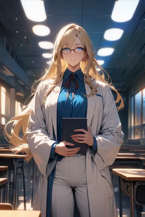 ((Top quality, high resolution, Masterpiece, Anatomically accurate, Highly detailed, Good proportions. Long hair tied low. Good eye proportions, Good body proportions, Good facial proportions.)) Male, professor, Young, Mature, Handsome, ((wearing glasses))...