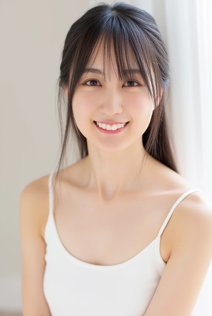  images of beautiful Japanese women、 facing the front、The beautiful collarbone and shoulders are revealed、(Nipples are not included in the angle of view、The angle of view includes the one above the chest、Beautiful cleavage)、 upper body naked、 she's smiling...