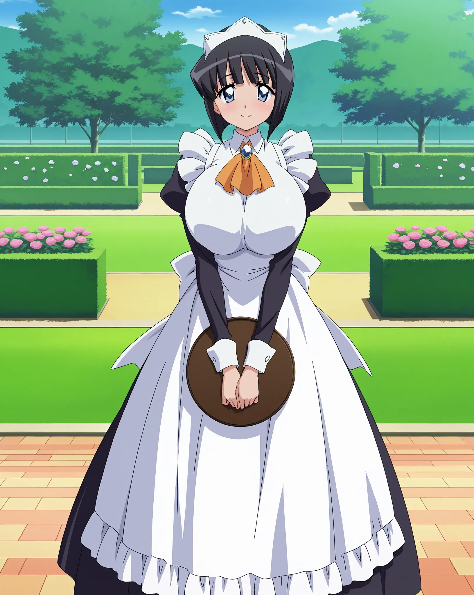 score_9, score_8_up, score_7_up, source_anime, anime coloring, anime screencap, 1 girl, alone, Siesta (zero no tsukaima), black hair, short hair, blue eyes, big eyes, loving smile, white beautiful skin, gigantic breasts, standing, hands on lap, holding a t...