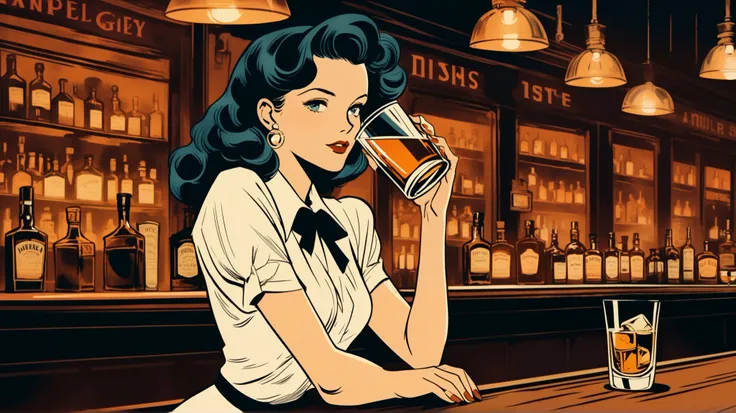 A beautiful woman drinking whiskey in an old bar, with a vintage 1940s vibe.