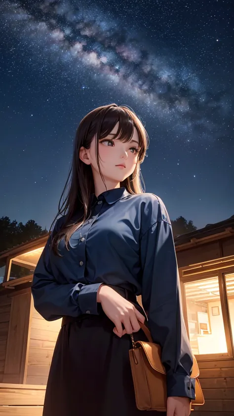   With high quality images、  night sky with a view of the Milky Way galaXy  ，  Beautiful woman in a dark blue cotton shirt   {X} Outdoor wild   , Beautiful woman's face detail   ,    view from below  ,  picture, (  Golden Time   ),    Perfect Eyes ,    per...