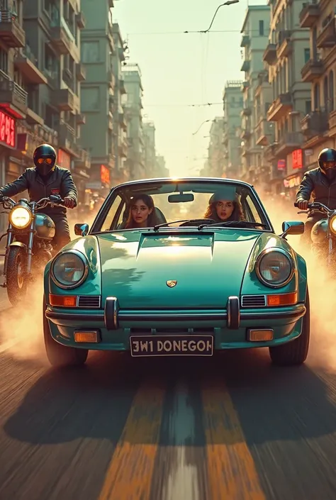 An Indian rapper driving a sleek Porsche 911 through the streets of Bangalore in broad daylight, with a beautiful woman sitting beside him. Behind them, a group of masked bikers in black leather jackets are speeding to catch up. The scene is full of high-s...