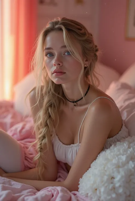 1 girl,  sexy 18 year old girl, nakedの女の子,  braids,  beautiful face, nice,  beautiful,  beautiful,  beautiful face, pale skin, parts, blond hair,  blue eyes, Perfect, glowing lips ,  big lips, Thick lips,  half-open lips alone on the bed ,  light pink lip ...