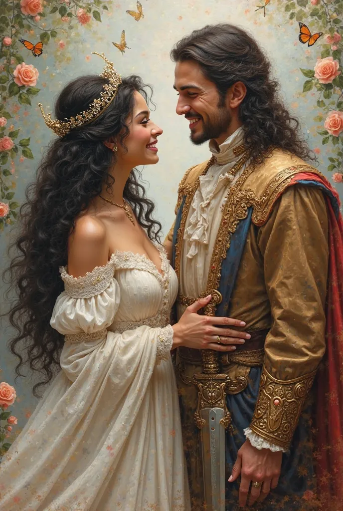 Oil painting of a very sweet woman, pure and very beautiful with long hair, black and curly and a long white dress full of shiny headbands and a crown. And her beloved a handsome man in formal attire with long hair, a sword with very, very beautiful eyes, ...