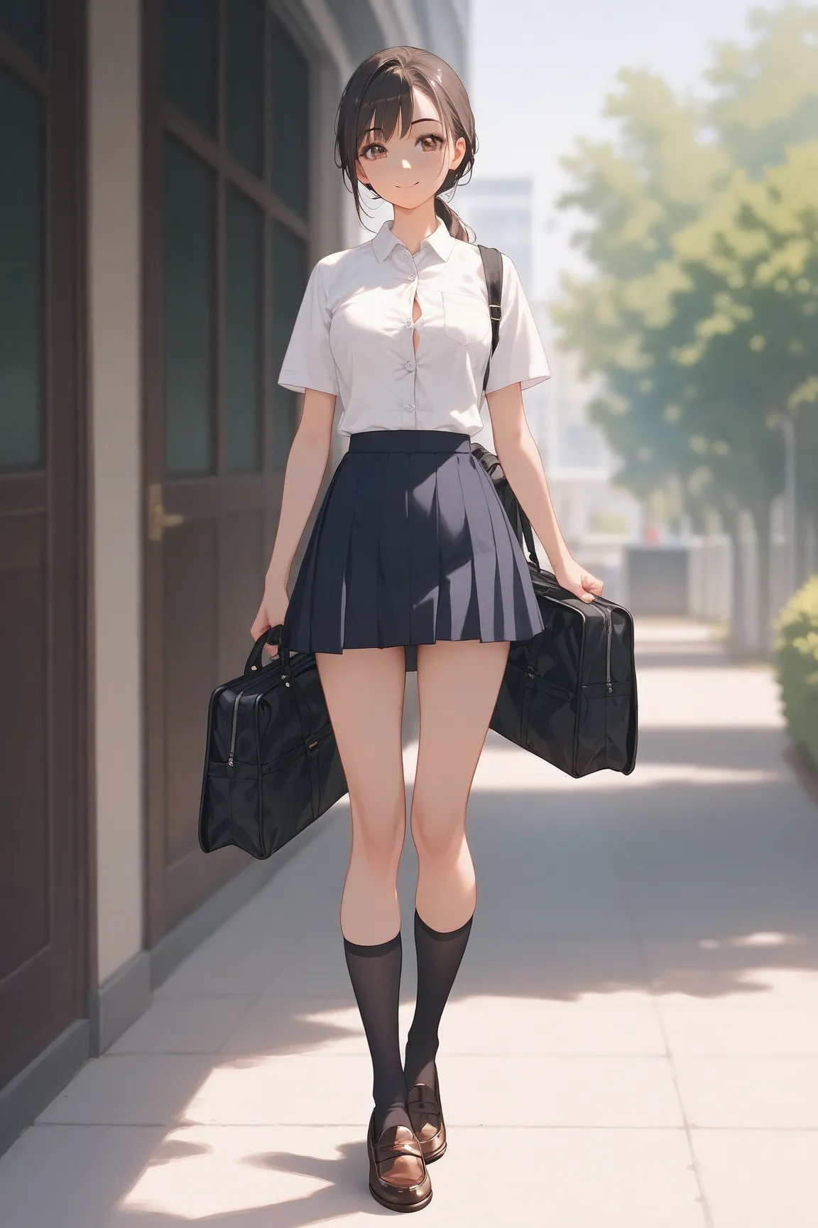 ((masterpiece, top quality, high resolution)), 1 girl, 18 years old, elegant smile:1.4, perfect cute face:1.4, beautiful eyes, black hair, low ponytail, dark brown eyes, (full body shot, standing, beautiful legs, legs together), ((white button shirt, short...