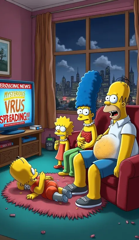 The entire Simpsons family is in their living room, visibly suffering from excruciating stomach pain. Homer is hunched over on the couch, clutching his swollen belly with both hands, his eyes shut tight, mouth open in agony, and sweat dripping from his bal...