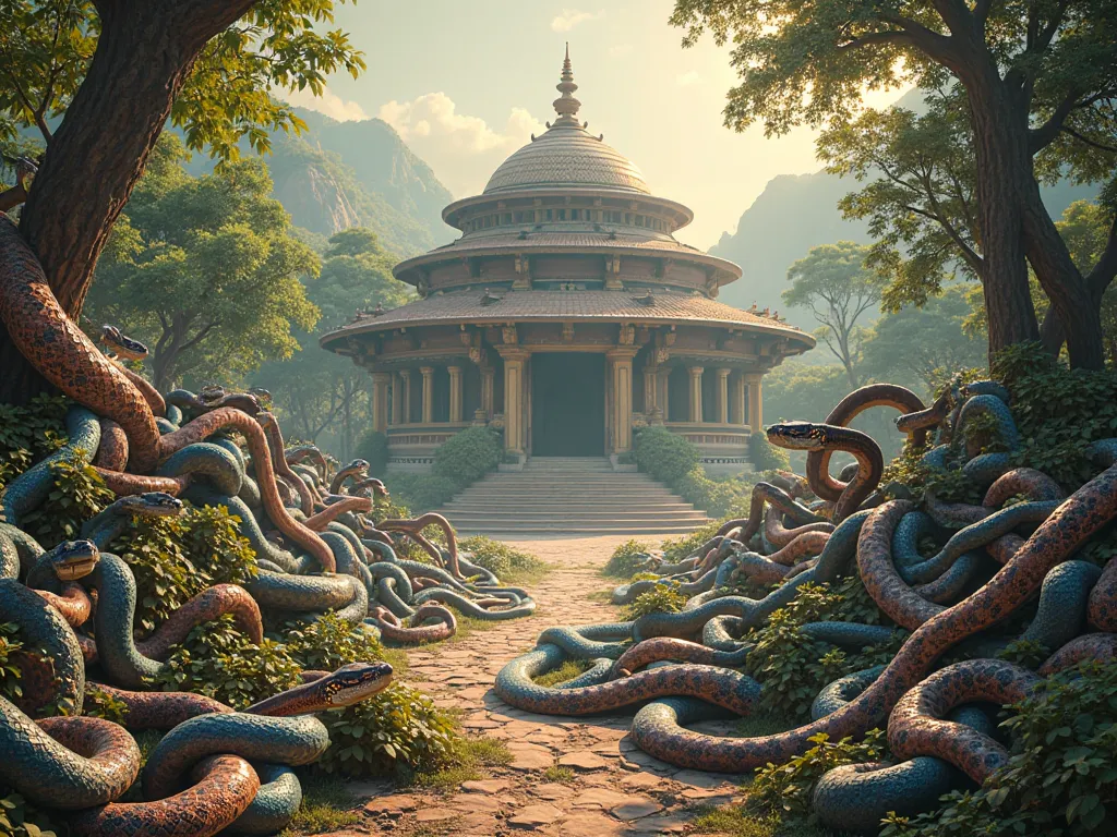 Draw myriad snakes in the front yard of the round dome-shaped temple