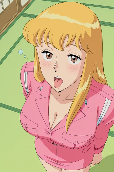  masterpiece, TOP QUALITY, , anime screenshot, anime coloring, official style, uncensored,1 girl, Alone, 
break 室室内, tatami, from above, upper body, 
break (Kochikame, Akimoto Reiko , brown eyes, Big Breasts, open mouth, tongue out, blond hair, pink suit, ...