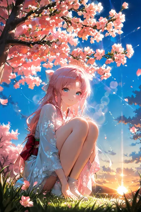 Shikimori setting under the cherry blossom tree,on the green grass, there some cherry blossom leaf fall from the cherry blossom tree, Shikimori smiling, looking at viewer, gentle smile, blush, sunset, sun rays falling on her, sakura leaves in air, happy_fa...