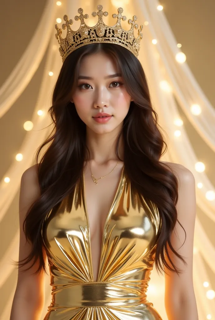 a woman in a stunning gold metallic gown that glimmers elegantly. The dress has a halter neckline and a fitted silhouette, accentuating her figure. She is wearing a golden crown-like headpiece with intricate details, complementing her overall regal appeara...