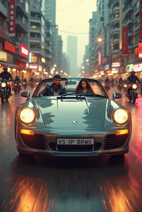 An Indian rapper driving a sleek Porsche 911 through the streets of Bangalore in broad daylight, with a beautiful woman sitting beside him. Behind them, a group of masked bikers in black leather jackets are speeding to catch up. The scene is full of high-s...