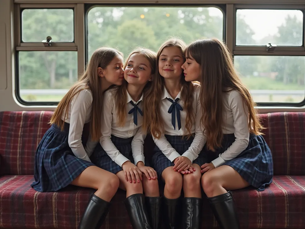 four russian 6years girls kisses sitting on train seat, View Photographer, whole body, (Smiling at the photographer), tight open breast tits russia school uniform, High boots, Clothes that show the open chest、Thin and long elbows、(wearing a open breast top...