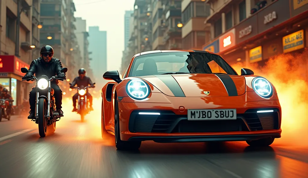 An Indian rapper driving a sleek Porsche 911 through the streets of Bangalore in broad daylight, with a beautiful woman sitting beside him. Behind them, a group of masked bikers in black leather jackets are speeding to catch up. The scene is full of high-s...