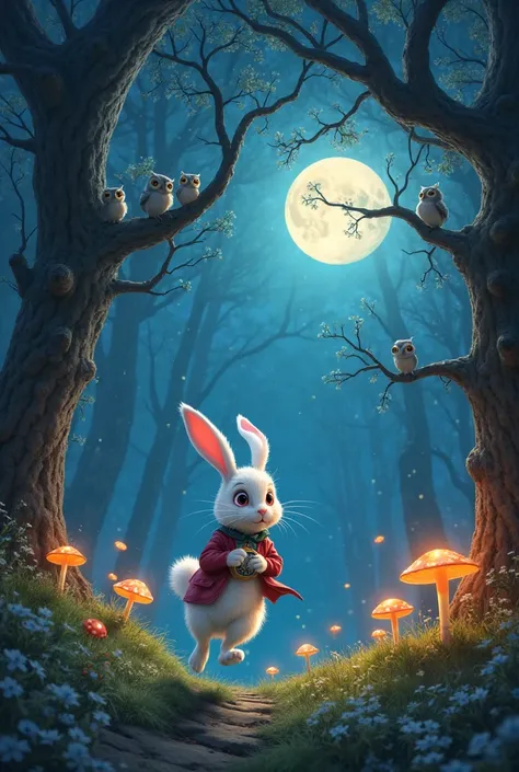 The rabbit in Alice in Wonderland jumps in the forest at night, clear sky, full moon, stars, poisonous mushrooms in the ground, grass, giant oak trees, owls on the tree