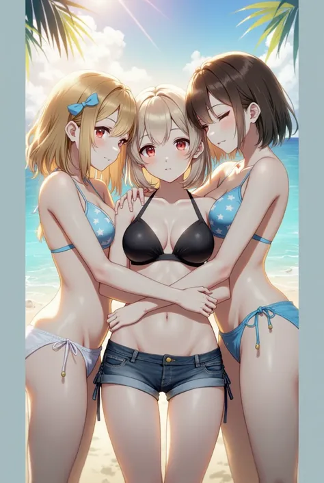 3 girls。Everyone has a different swimsuit and hair color。

The girl in the middle has flax-colored hair。facing the front。short hair。 racy swimsuit 。jeans-patterned hotpants。bra-shaped black swimsuit。 The background is the seaside 。 handsome girl。 Height。Cr...