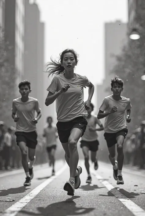 A picture of black and white participating in the marathon of a group of teenage students