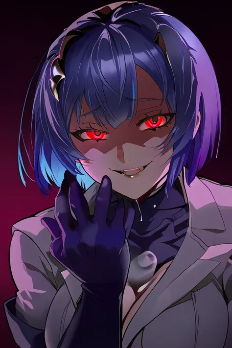  a girl with large breasts ,  blue hair, multicolored hair, detailed eyes, Yandere expression ,  evil smile, uniforme Esdeath, blue glove, red-eyed uniform,  short hair, Slap Black Eye