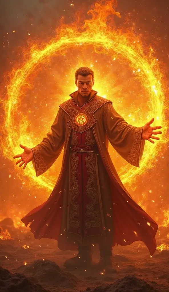 "A powerful magical In an impressive pose, as he unleashes tremendous flame magic. He is wearing an intricately decorated robe with magical symbols, that glow in reddish-golden light. His eyes glow with energy, while his hands form a huge fireball or conju...