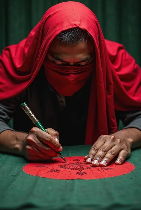 a man who grave a Bangladeshi flag by his hand he he's eyes are covered by a cloth which colour is red and background picture is a Bangladeshi flag colour and the picture realistic