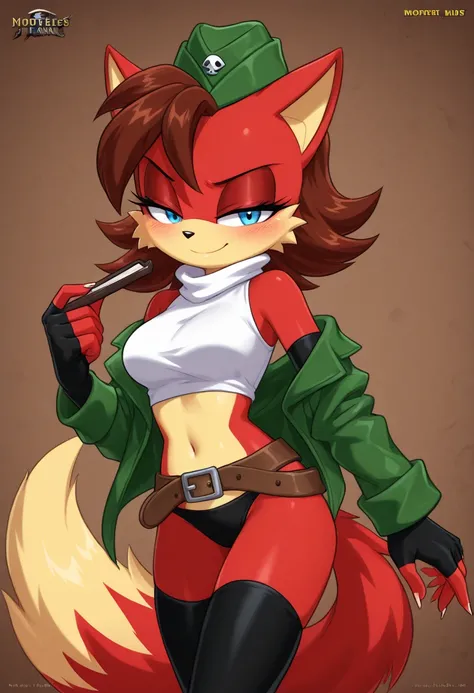 the cartoon fox cat is dressed like he would be in a movie about pirates, 1girl, furry, solo, animal ears, hat, furry female, brown background, breasts, tail, smile, garrison cap, thighhighs, navel, green headwear, standing, jacket, underwear, black thighh...