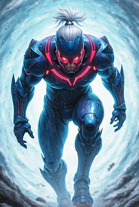 The character in the image has a futuristic, cybernetic warrior aesthetic. He wears an advanced armored suit that is predominantly deep blue with sleek metallic finishes. The suit is detailed with sharp, angular edges, giving it a high-tech and combat-read...