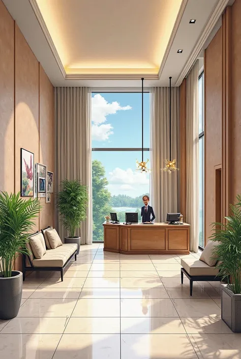 Design and illustrate a hotel front office (reception area) and a hotel lobby on an Oslo paper
Include key components such as:
Front desk (reception counter, computers, guest check-in area)
Guest seating area (sofas, chairs, coffee tables)Concierge desk (o...